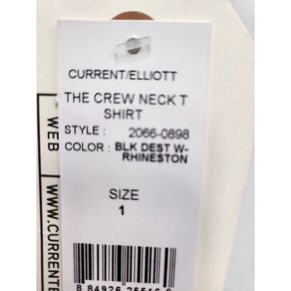 Current/Elliot Womens T-Shirt Size Medium Black Crew Neck Distressed Rhinestone - Picture 2 of 8